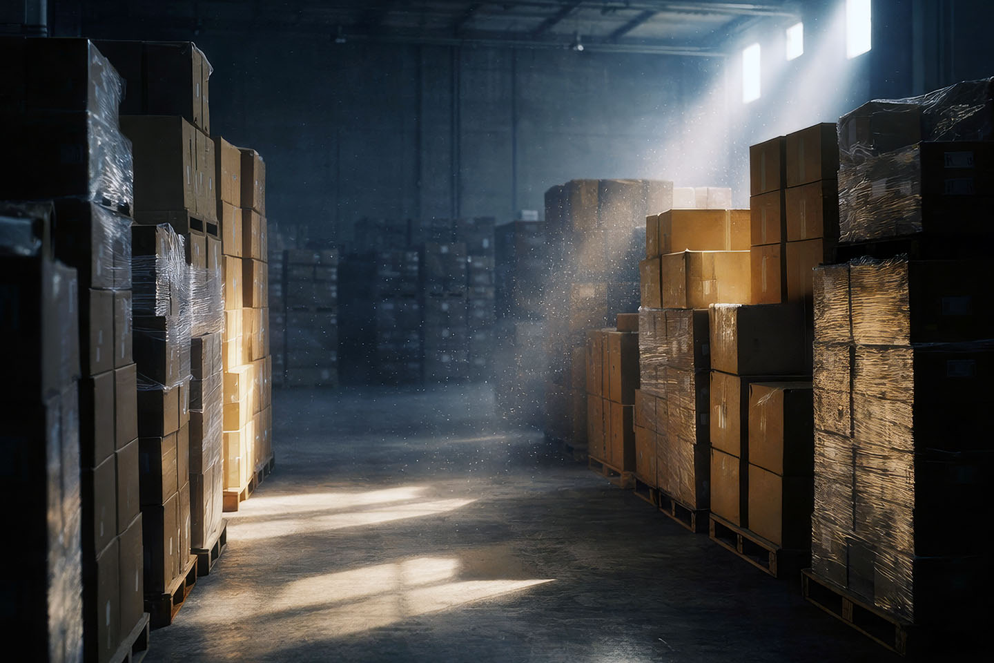 Dunkler, moderner Lagerraum mit dicht gestapelten Europaletten voller Kartons. Stille und leicht melancholische Atmosphäre mit Lost-Place-Feeling.
